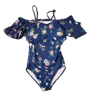 Maternity Swimsuit Blue Floral Pattern Size Medium